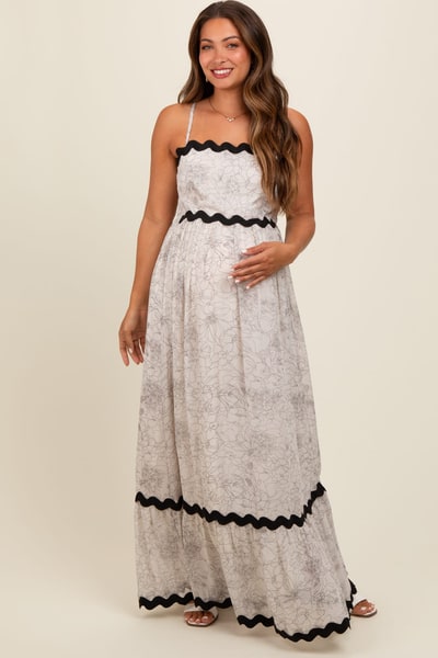 PinkBlush Ivory Floral Contrast Trim Maternity Maxi Dress