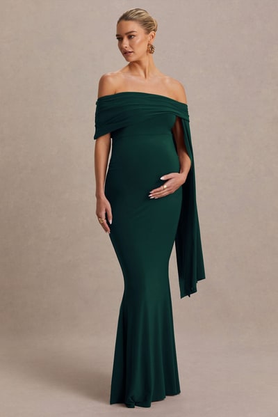 Club L London Aquila | Bottle Green Bardot Maternity Maxi Dress With Draped Detail