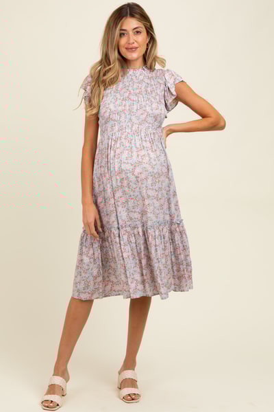PinkBlush Light Blue Floral Mock Neck Smocked Ruffe Sleeve Maternity Midi Dress