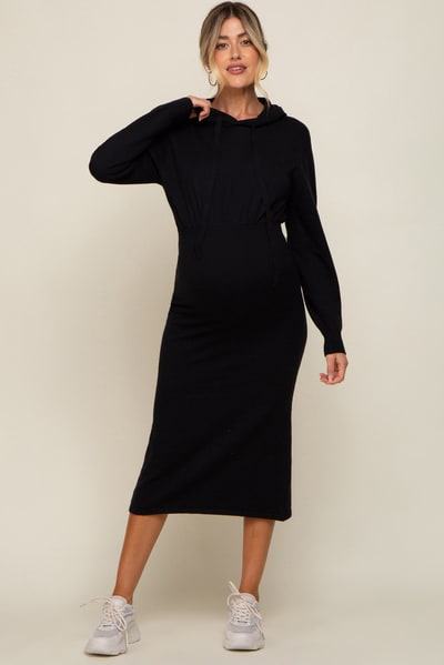 PinkBlush Black Knit Hooded Long Sleeve Maternity Dress