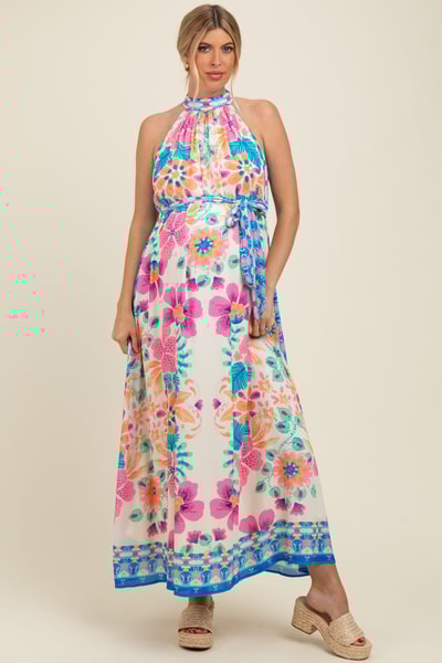 PinkBlush Pink Floral Border Print Halter Maternity Maxi Dress