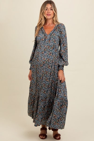 PinkBlush Navy Floral V-Neck Bubble Sleeve Maternity Maxi Dress