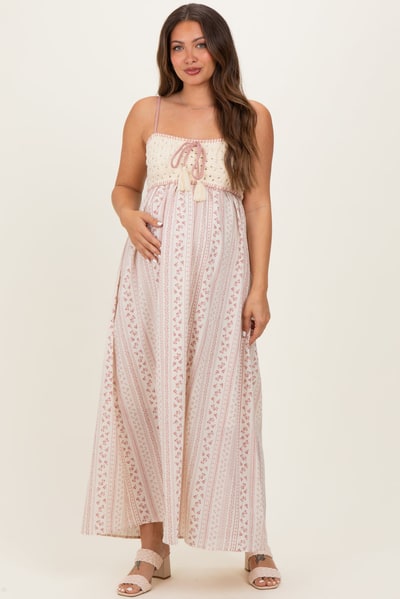PinkBlush Dusty Pink Bohemian Dream Crochet Cotton Maternity Maxi Dress