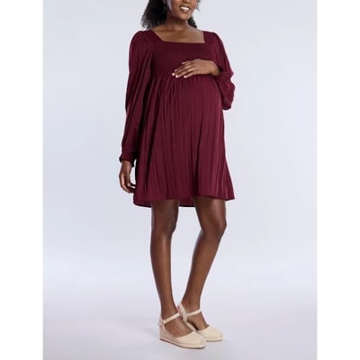 Target Women's Smocked Babydoll Long Sleeve Mini Dress - Zinfandel - Size: X Small - Motherhood Maternity