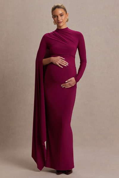 Club L London Lavinia | Berry High-Neck Maternity Maxi Dress With Cape-Sleeve