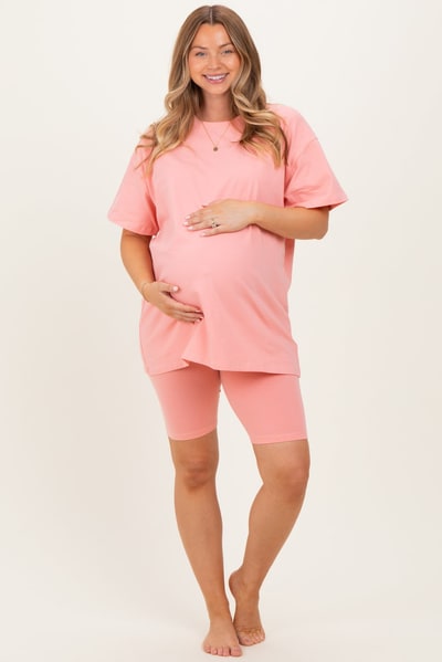 PinkBlush Coral Peach Biker Shorts Maternity Set