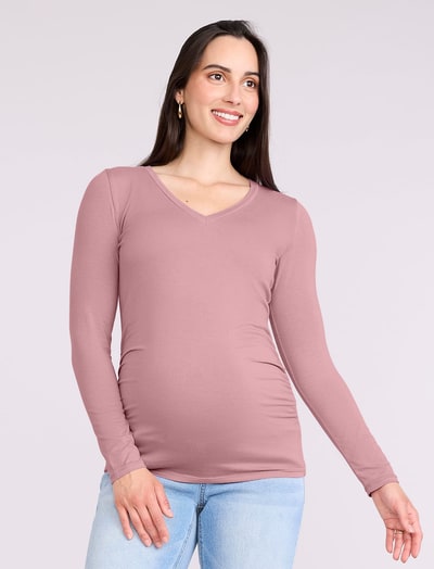 Motherhood Maternity Side Ruched Long Sleeve V-Neck Maternity Tee