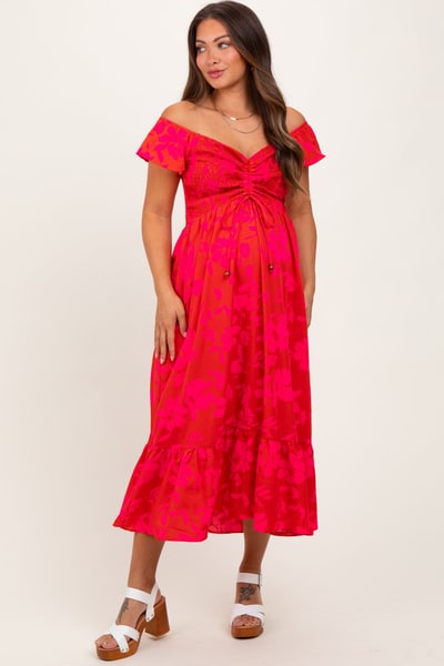 PinkBlush Red Multi Smocked Top Maternity Maxi Dress
