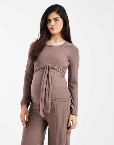 ASOS Mamalicious Maternity tie detail long sleeve ribbed top in light brown - part of a set