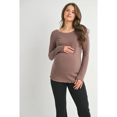 Target Hello Miz Women's Scoop Neck Long Sleeve Ribbed Maternity Top - Brown - Small