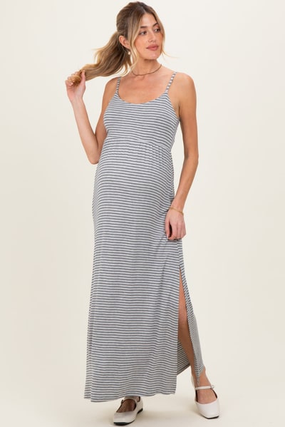 PinkBlush Heather Grey Striped Sleeveless Maternity Maxi Dress