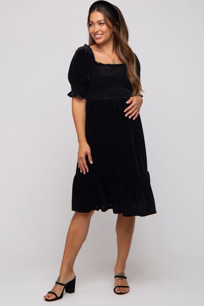 PinkBlush Black Velvet Smocked Puff Sleeve Maternity Dress