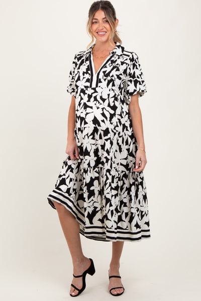 PinkBlush Black Botanical Print A Line Tiered Maternity Dress