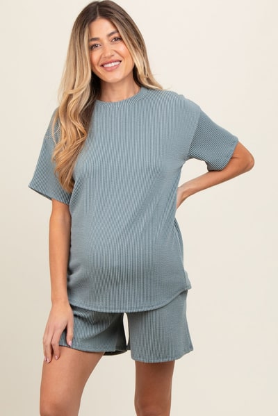 PinkBlush Teal Ribbed Short Sleeve Maternity Pajama Set