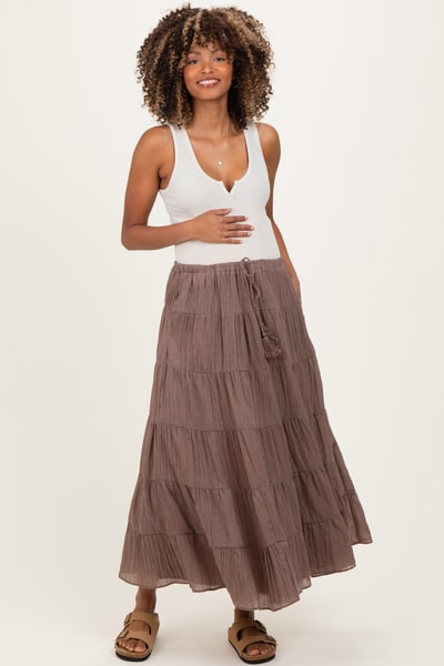 PinkBlush Mocha Tiered Drawstring Maternity Maxi Skirt
