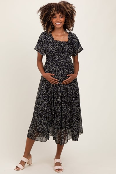 PinkBlush Black Floral Square Neck Front Tie Maternity Midi Dress