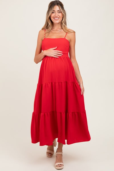 PinkBlush Red Tiered Cutout Tie Back Maternity Midi Dress
