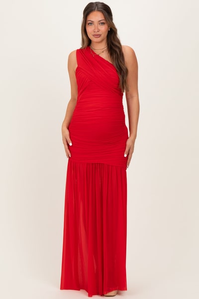 PinkBlush Red Ruched Mesh One Shoulder Maternity Maxi Dress
