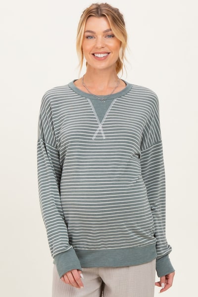 PinkBlush Olive Striped Crew Neck Pullover Maternity Top