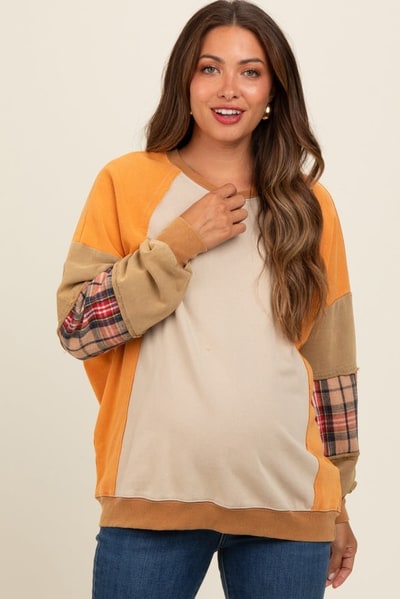 PinkBlush Peach Colorblock Plaid Dolman Sleeve Maternity Pullover