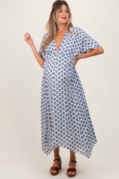PinkBlush Navy Floral Deep V-Neck Handkerchief Hem Maternity Maxi Dress
