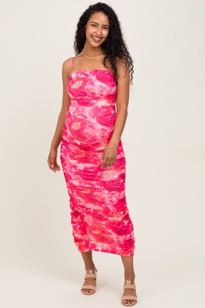 PinkBlush Fuchsia Rose Floral Mesh Sleeveless Ruched Maternity Dress
