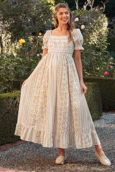 PinkBlush Peach Floral Puff Sleeve Lace Trim Maternity Maxi Dress