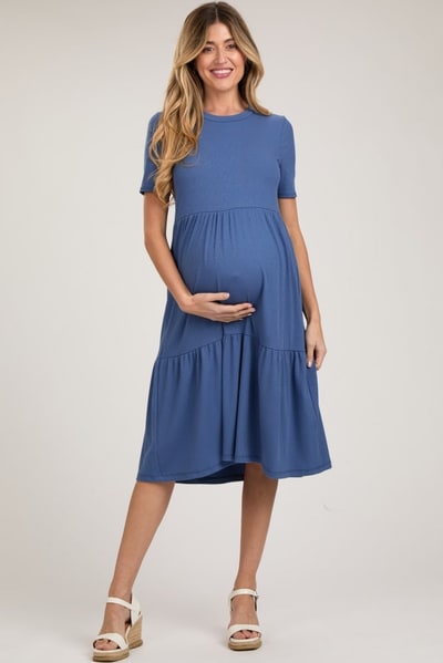 PinkBlush Blue Ribbed Tiered Maternity Midi Dress