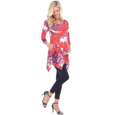Target Maternity Floral Scoop Neck Tunic Top with Pockets Red Large - White Mark