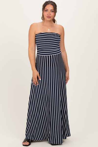 PinkBlush Navy Striped Strapless Maternity Maxi Dress
