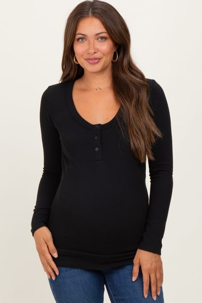 PinkBlush Black Ribbed Long Sleeve Maternity Henley Top