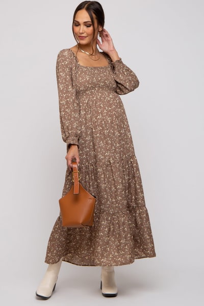 PinkBlush Mocha Floral Smocked Long Sleeve Maternity Maxi Dress