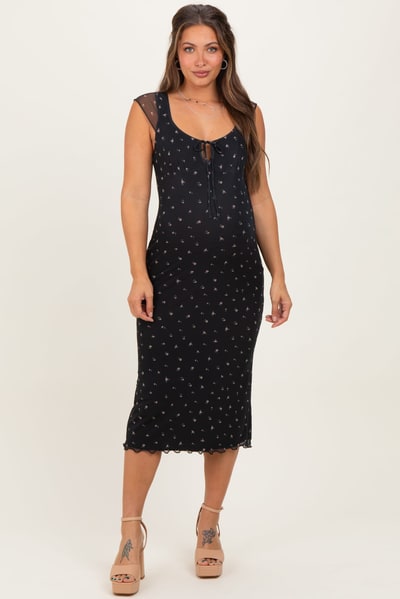 PinkBlush Black Floral Mesh Front Tie Cutout Maternity Midi Dress
