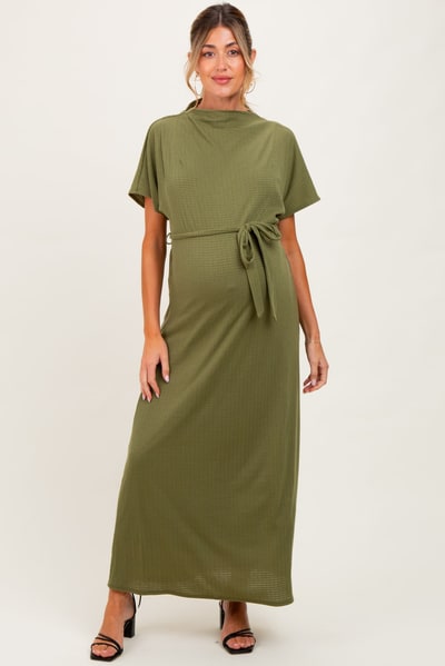 PinkBlush Olive Plaid Draped Neckline Sash Tie Maternity Maxi Dress