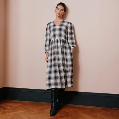 For The Creators Black and Cream Plaid Midi Dress