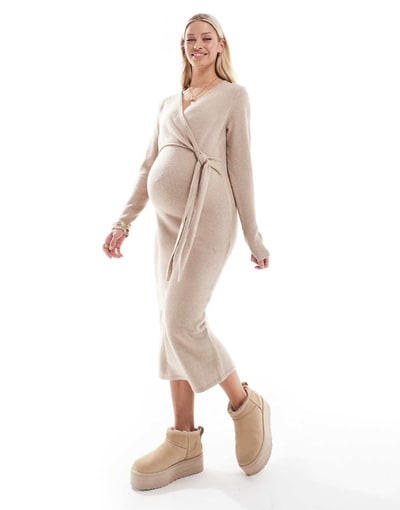 ASOS Mamalicious maternity knitted maxi dress with knot front in beige