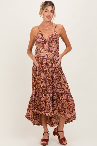 PinkBlush Brown V Neck Front Twist Hi Lo Maternity Maxi Dress