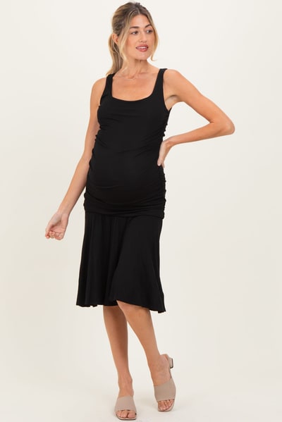 PinkBlush Black Ruched Sleeveless Drop Waist Maternity Midi Dress