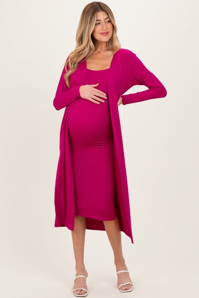 PinkBlush Magenta Ribbed Cardigan 2 Piece Maternity Set