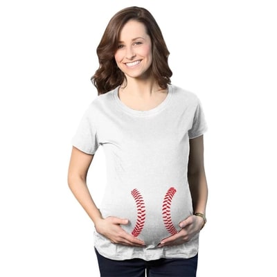 Target Maternity Baseball Laces Pregnancy T Shirt Novelty Sports Baby Bump Tee - Crazy Dog Maternity T Shirt for Baseball Fan White M