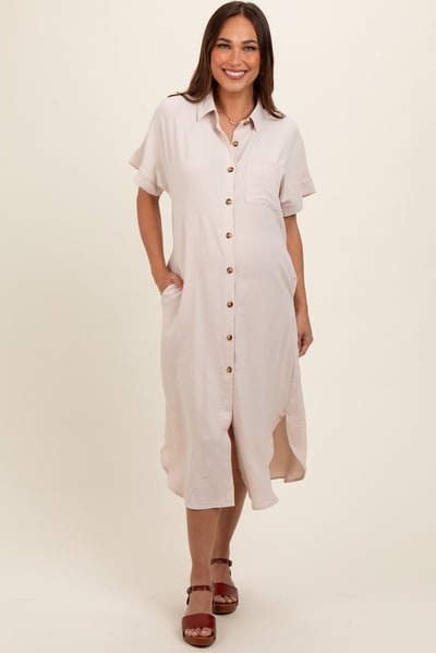 PinkBlush Beige Button Down Front Pocket Maternity Midi Dress