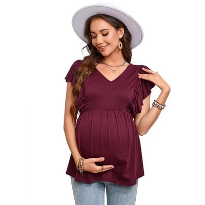Target Coolmee Womens Maternity Summer Ruffle Short Sleeve Tops Shirts Casual V Neck High Waist Pregnancy Tunic Blouse Burgundy S
