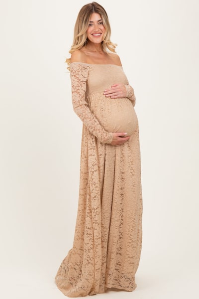 PinkBlush Gold Floral Lace Long Sleeve Off Shoulder Maternity Maxi Dress
