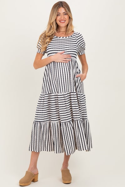 PinkBlush Cream/Navy Striped Short Sleeve Tiered Maternity Maxi Dress