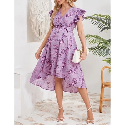Target Women's Maternity Dress Wrap V Neck Ruffle Sleeveless Dress Casual Flowy Nursing Midi Dress with Belted for Babyshower Photoshop Purple flower Large