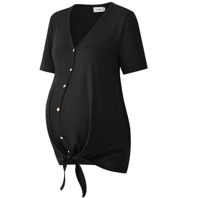 Target Coolmee Women Summer Maternity Loose Blouse Short Sleeve V Neck Button Down T Shirts Tie Front Knot Casual Tops 2XL Black