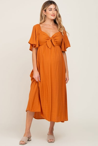 PinkBlush Rust Front Tie Ruffle Sleeve Maternity Midi Dress
