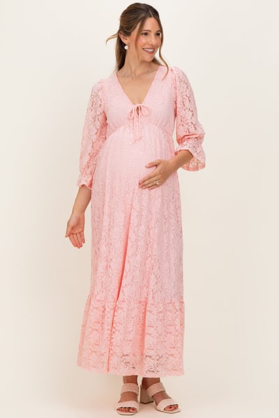 PinkBlush Light Pink Floral Lace 3/4 Ruffle Sleeve V-Neck Maternity Maxi Dress
