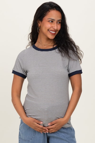 PinkBlush Ivory Navy Trimmed Striped Maternity Top