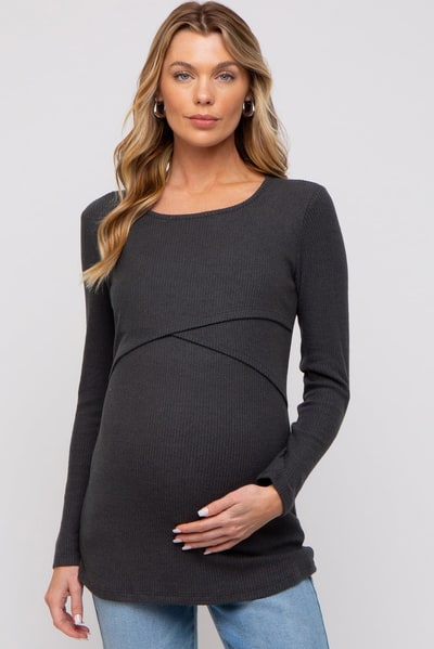 PinkBlush Charcoal Ribbed Crossover Maternity/Nursing Top